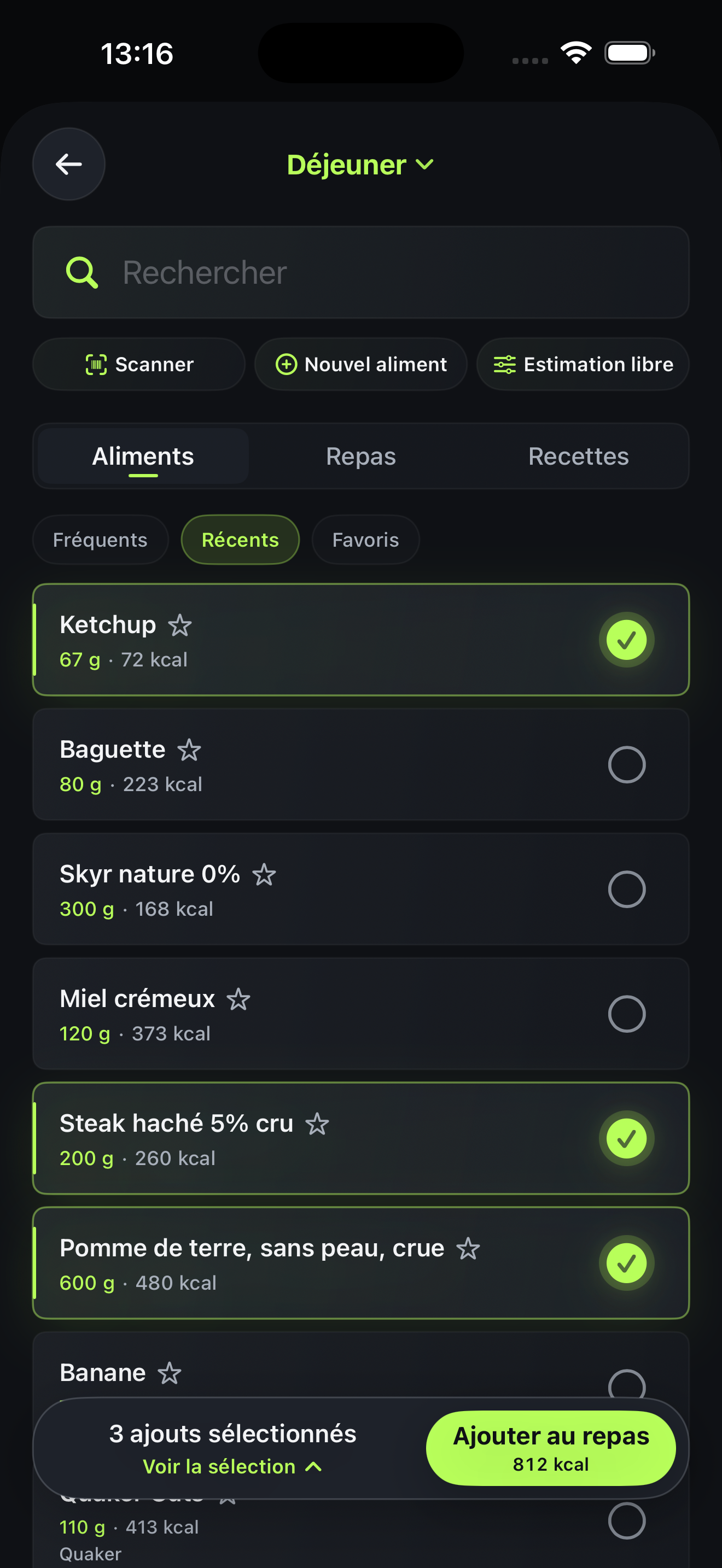 Écran BodyFlow permettant d'ajouter rapidement des aliments récents au déjeuner.