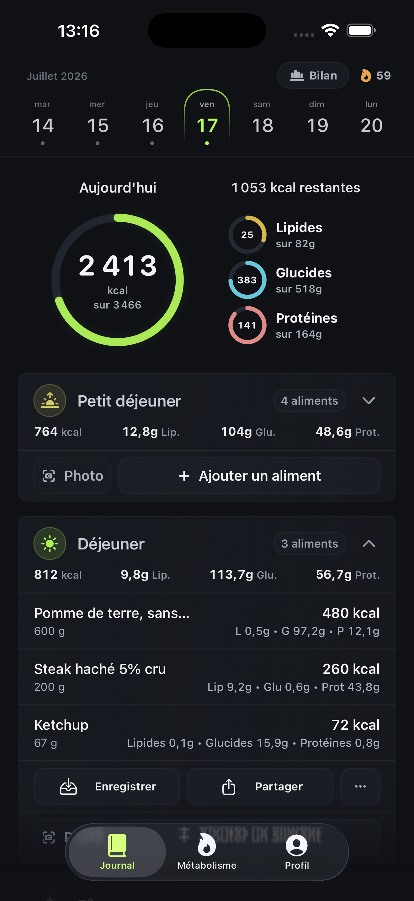 Écran BodyFlow montrant un journal nutritionnel avec calories, macronutriments et repas de la journée.