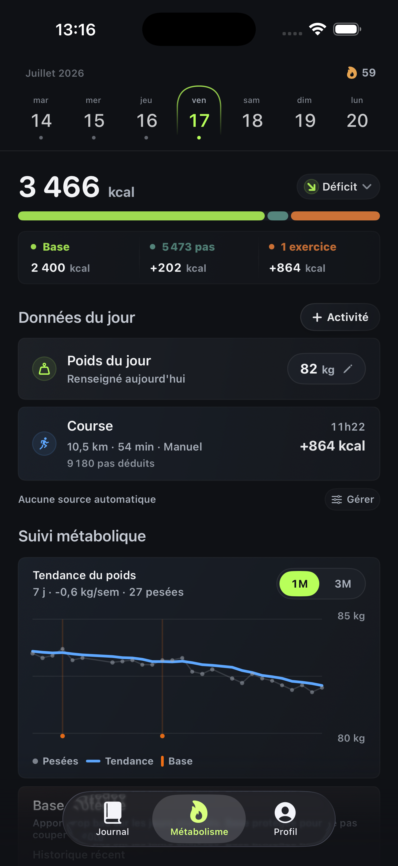 Écran BodyFlow Métabolisme montrant la cible de calories, la base, les pas, l'exercice et la tendance de poids.
